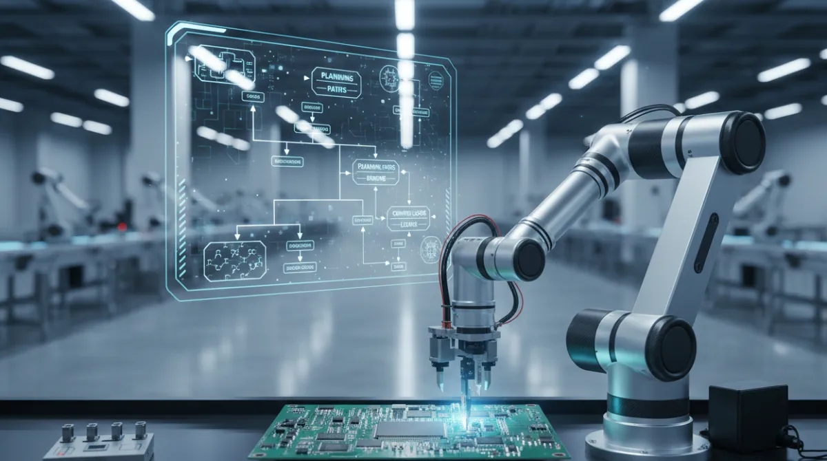 A precision robotic arm assembling electronics in a factory with a holographic AI planning flowchart showing decision paths and control loops above it