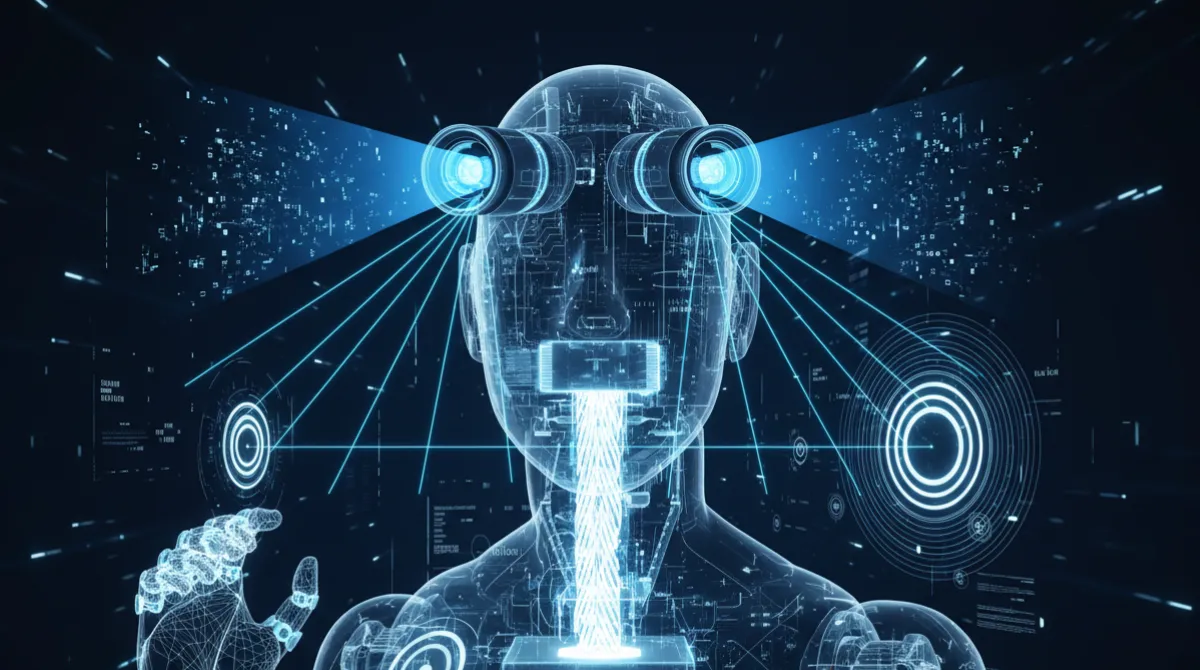 A visualization of a robot's multi-sensor perception system showing cameras, lidar, radar, and tactile sensors fusing into a unified data stream