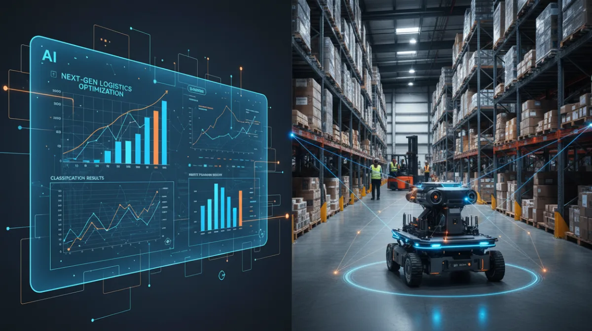 A split-screen image contrasting traditional AI showing data predictions on a screen versus a physical AI robot actively navigating a warehouse environment
