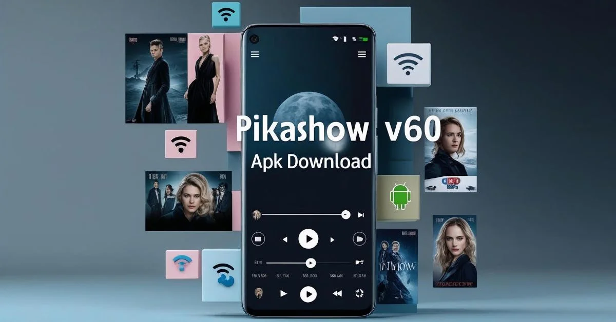 Pikashow V60 APK download screen with movie and Wi-Fi icons.