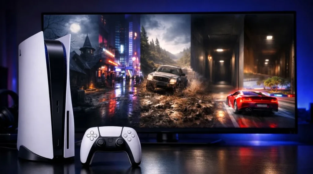 Ultra-realistic cinematic gaming scene featuring a PlayStation 5 console and DualSense controller on a sleek desk with blended game worlds displayed on a TV in dramatic blue and purple lighting.