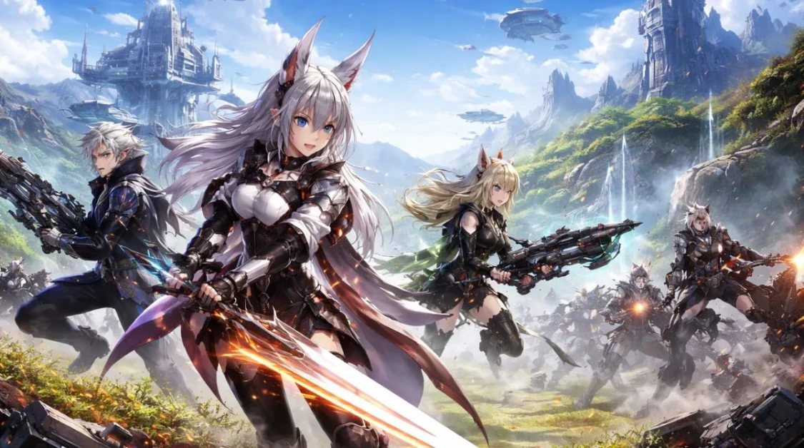 Futuristic action RPG scene from Arknights: Endfield showing playable characters in a vast sci-fi landscape with advanced technology and combat elements