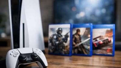PlayStation 5 console with DualSense controller and game cases highlighting PlayStation Plus March 2026 free games