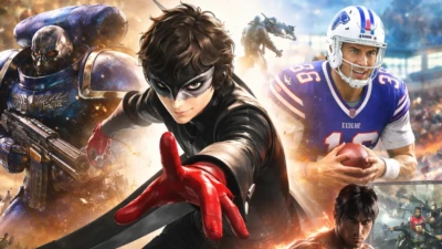 Editorial collage showing major PlayStation Plus March 2026 games in a dramatic, photorealistic gaming scene