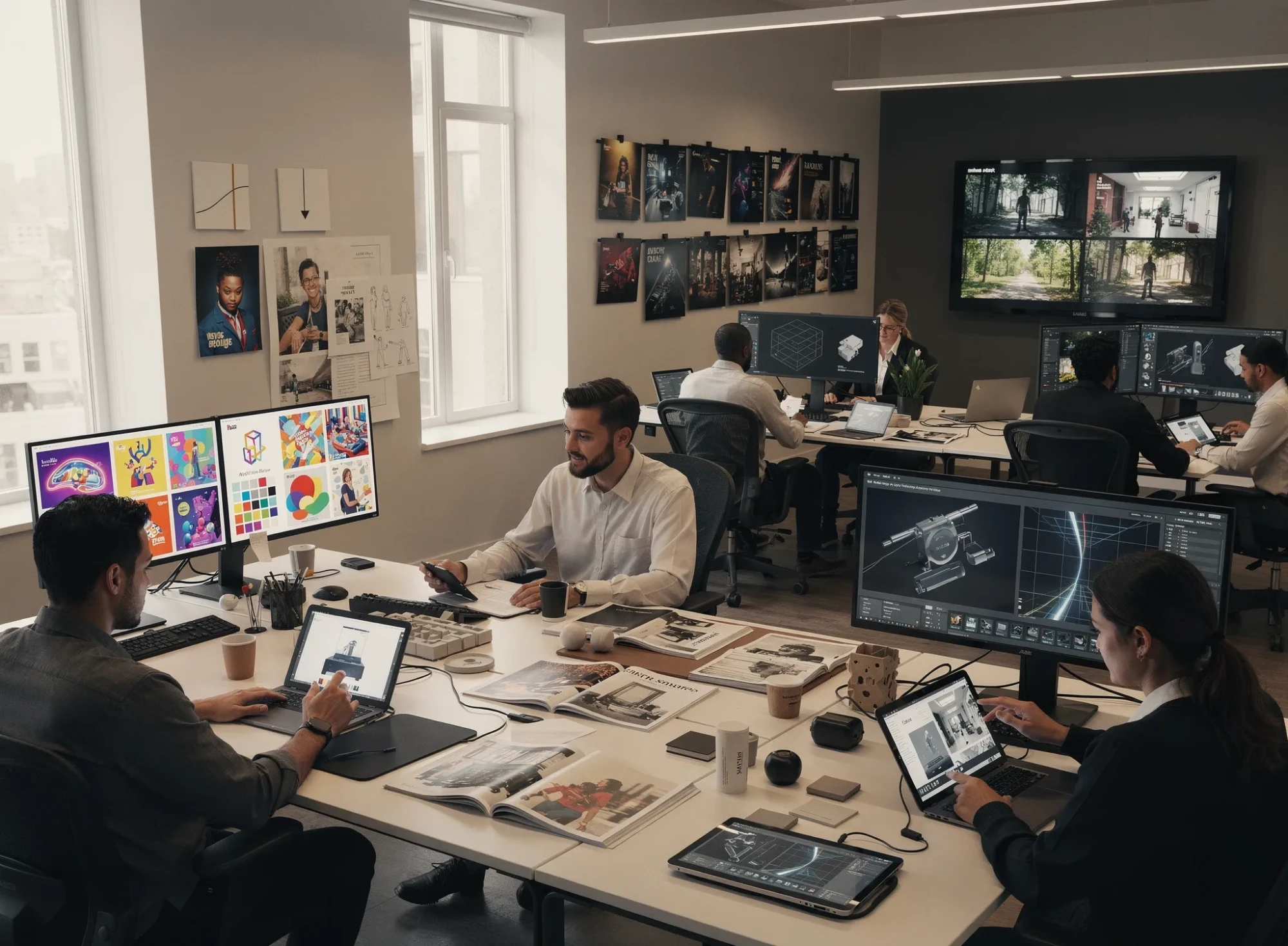 Multi-scene editorial visual showing teams applying AI image generation in marketing, editorial publishing, product design, and video previsualization.