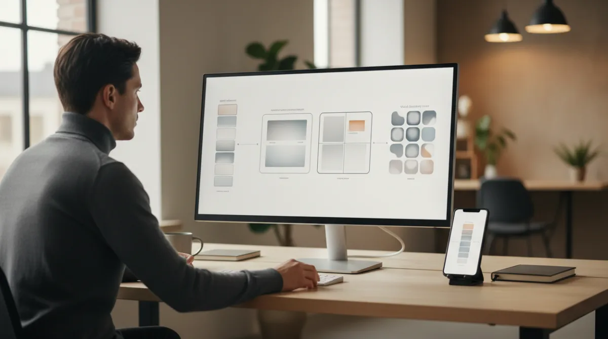 Editorial-style scene of a professional reviewing a multi-step search journey on a desktop monitor and smartphone in a clean, minimal workspace with abstract UI elements and realistic lighting