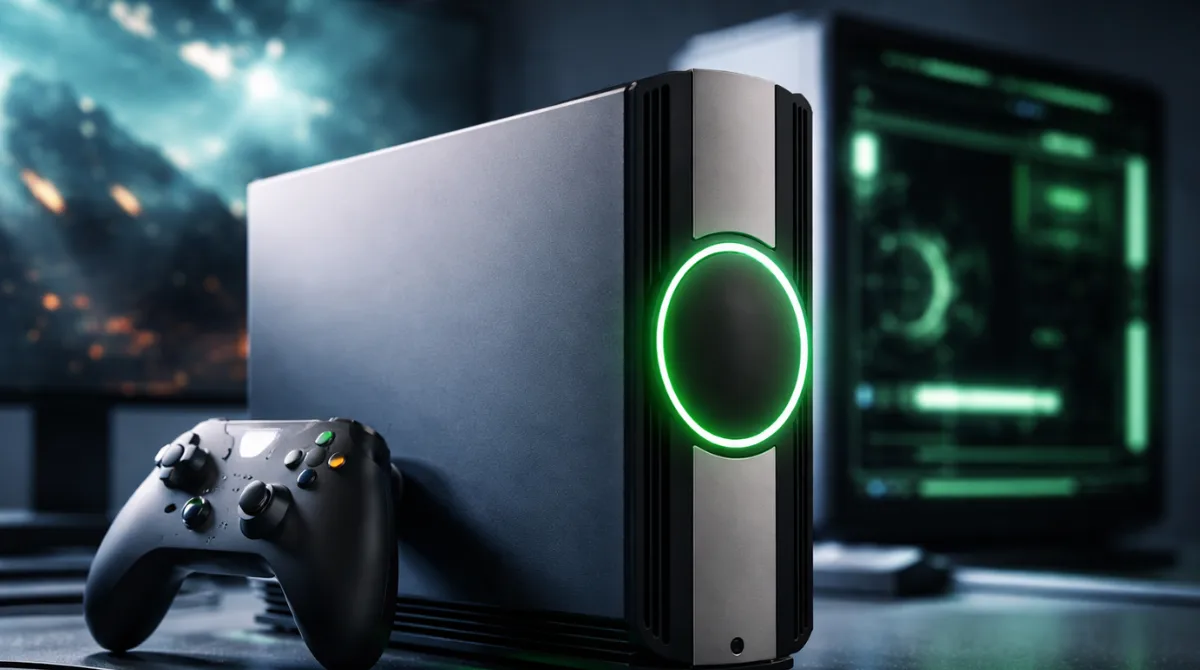 Futuristic Xbox-style gaming console and controller in a modern setup representing Project Helix and Microsoft’s next gaming platform.