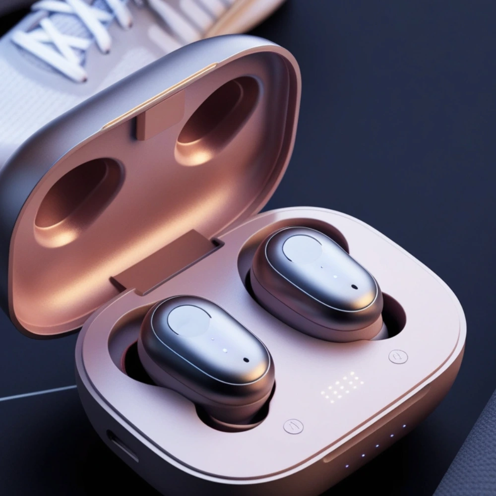 Close-up of modern wireless earbuds in an open charging case with glowing LED lights, set against a background of music waveforms
