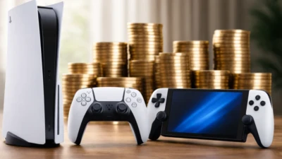 PlayStation 5 console with DualSense controller and handheld gaming device placed on table with stacked coins background