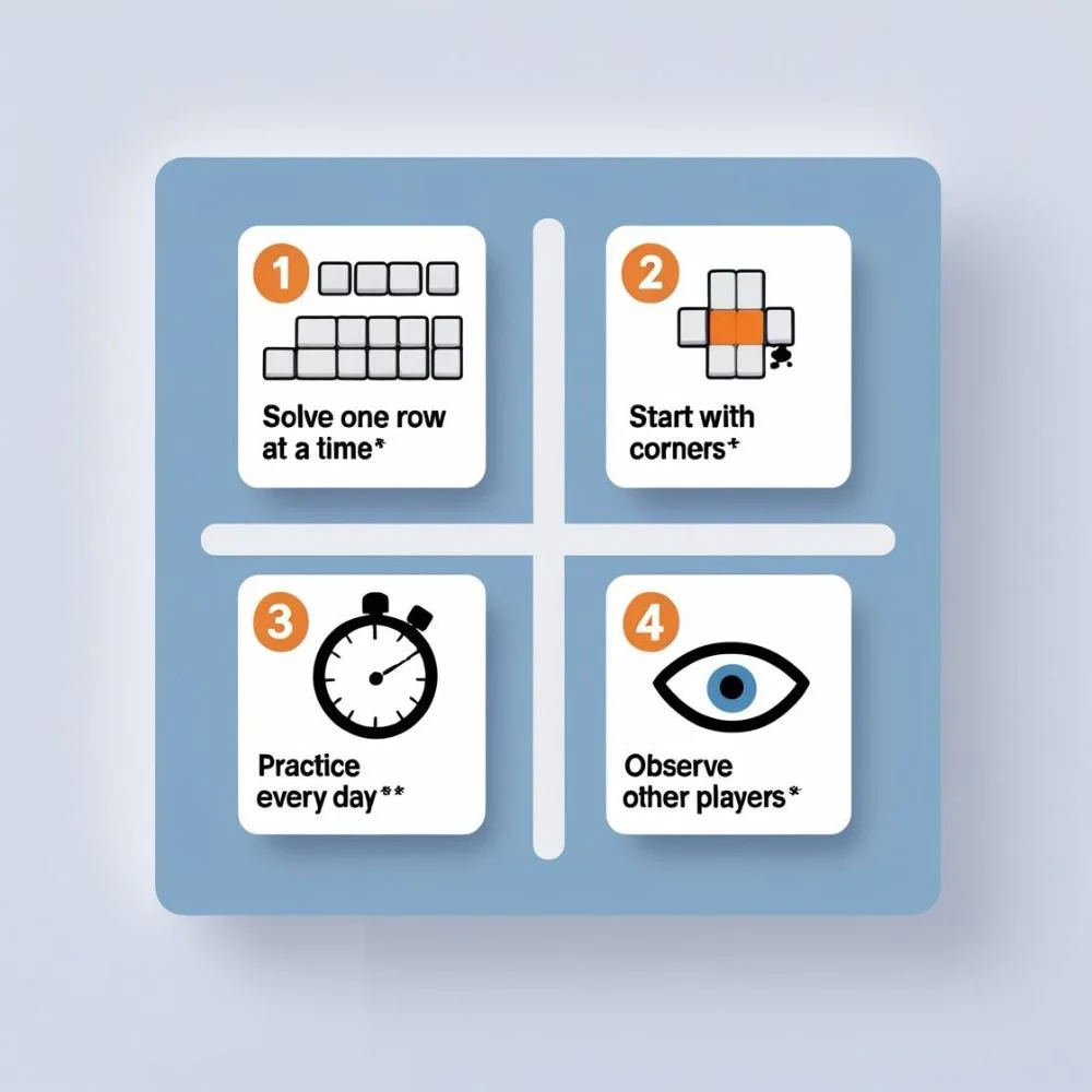 Infographic showing four puzzle-solving tips in Slidare: solve rows, start with corners, practice daily and watch other players.