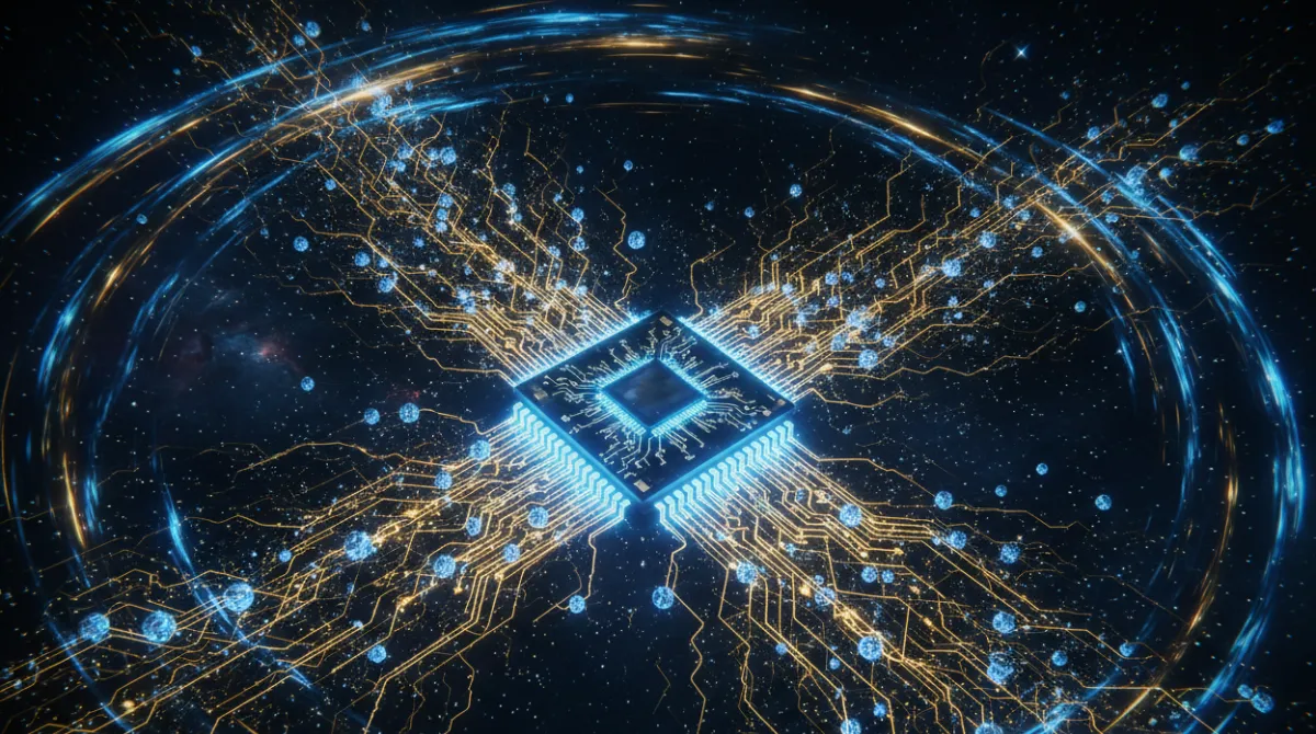 Aerial view of a quantum chip microprocessor with glowing circuit pathways expanding into a global digital investment network representing quantum computing growth in 2026