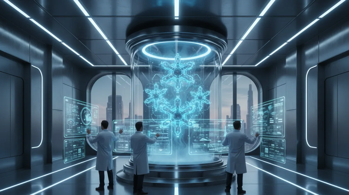  Scientists working inside a quantum computing laboratory with glowing blue superconducting processors in a cryogenic chamber in 2026