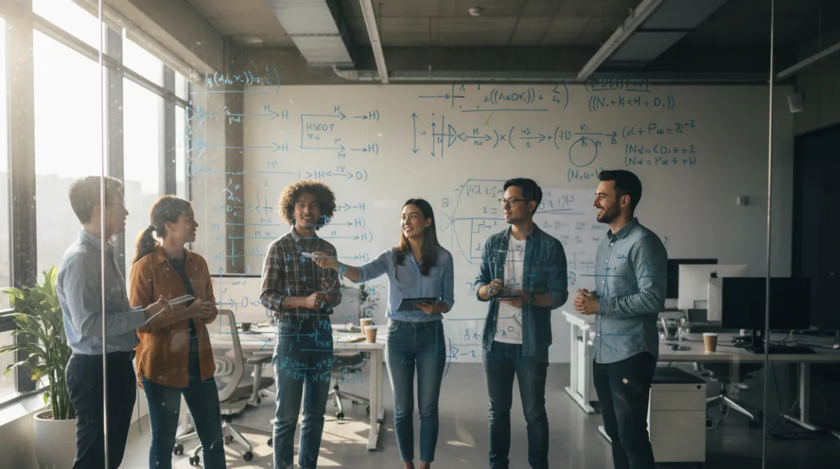  Diverse team of quantum startup engineers and researchers collaborating around a whiteboard with quantum circuit diagrams in a modern tech office