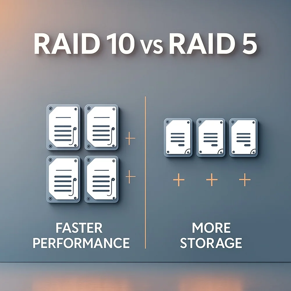 Infographic comparing RAID 10 and RAID 5 with icons showing performance, redundancy and recovery differences.
