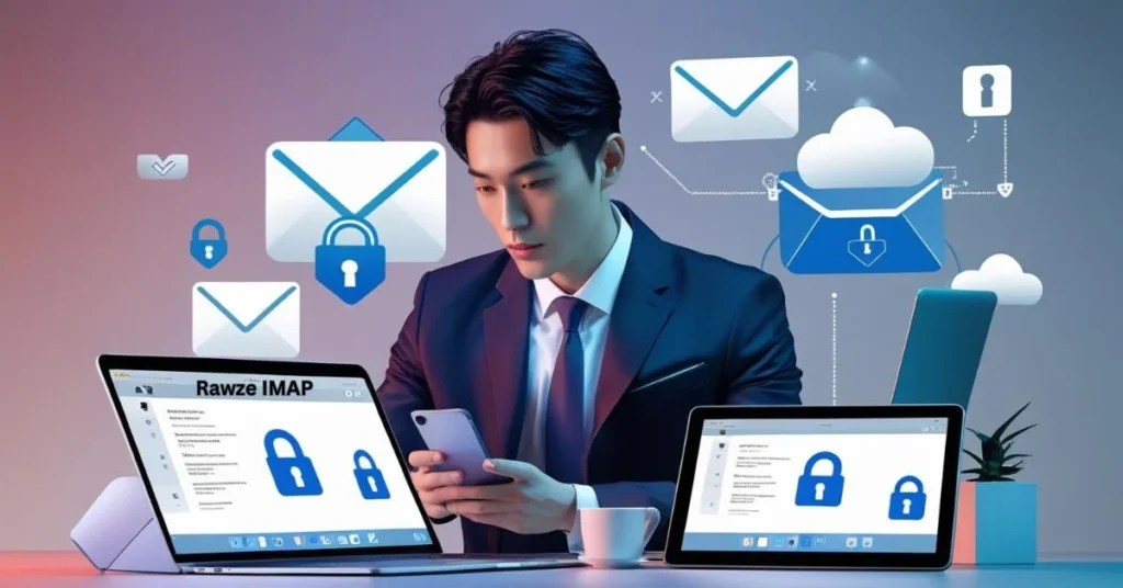 Man using synced email on phone, laptop, and tablet with cloud and lock icons showing secure IMAP access.