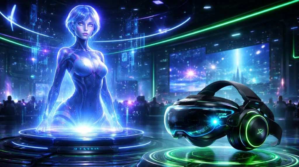 Futuristic CES 2026 scene showing Razer’s Project AVA AI hologram beside the Motoko headset in a neon-lit tech showcase.