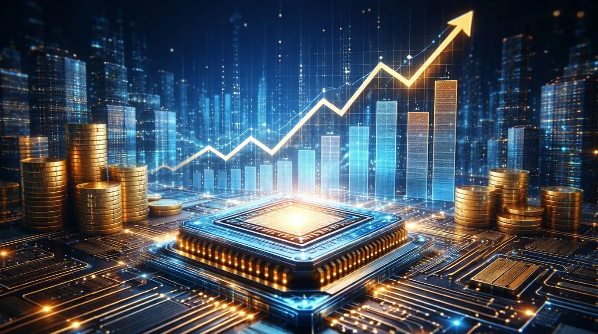 Futuristic AI processor on a glowing circuit board with abstract financial growth visuals representing rapid startup valuation growth