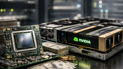 AI processor and high-performance GPUs placed beside stacks of cash and coins symbolizing funding and investment in AI infrastructure