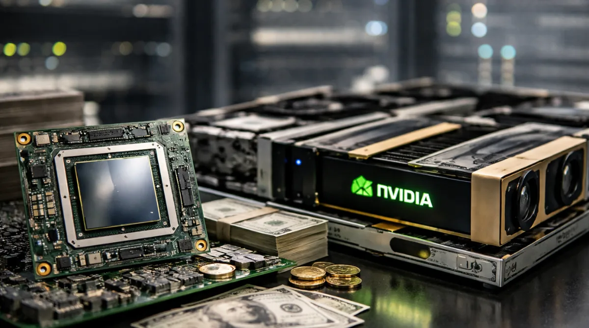 AI processor and high-performance GPUs placed beside stacks of cash and coins symbolizing funding and investment in AI infrastructure