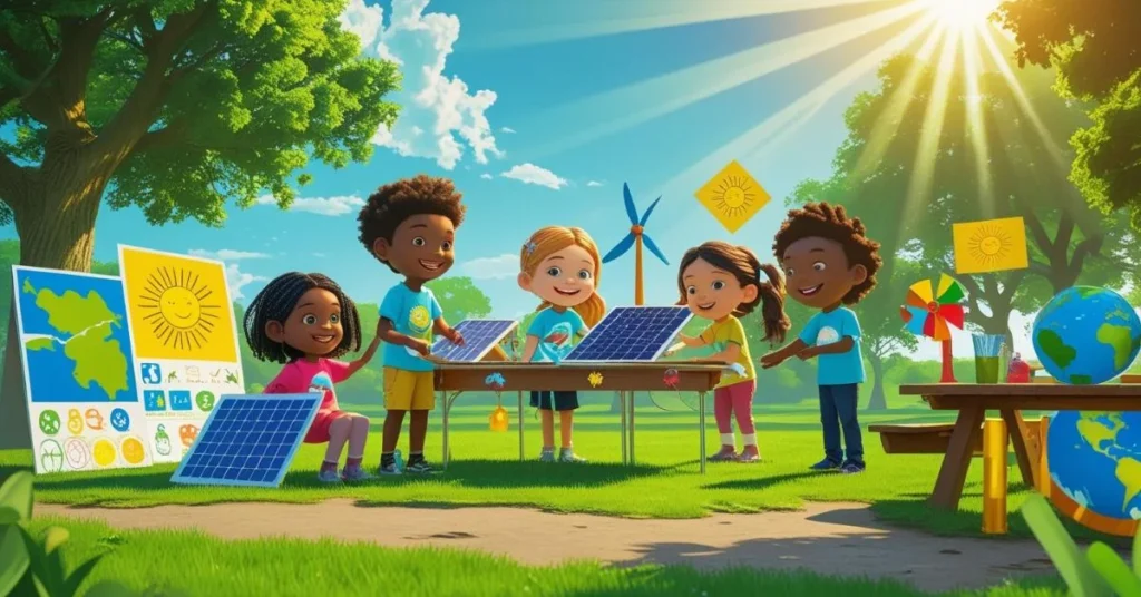 Children exploring renewable energy through fun experiments with solar panels and wind turbines in a sunny outdoor classroom.