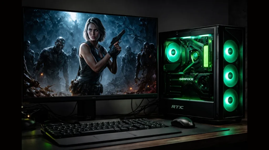 High-end gaming PC setup displaying Resident Evil gameplay with GeForce RTX graphics card and immersive dark scene
