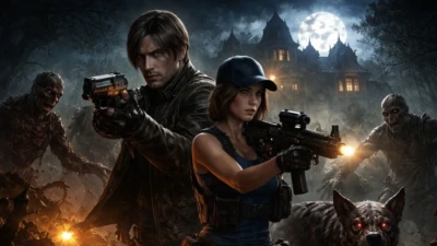 Cinematic survival horror scene inspired by Resident Evil Requiem gameplay featuring armed characters facing zombies in a dark mansion setting