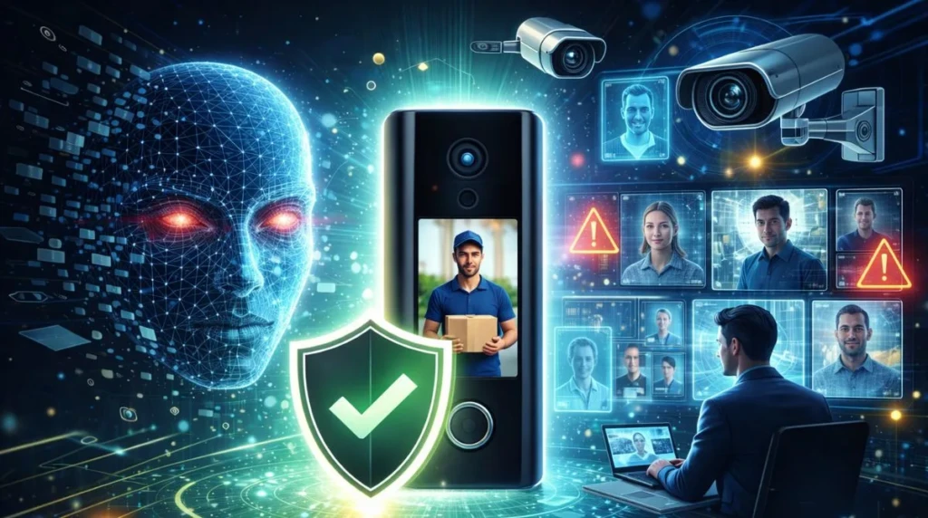 Futuristic video doorbell verifying a real person while blocking AI-generated deepfake faces using advanced video verification technology
