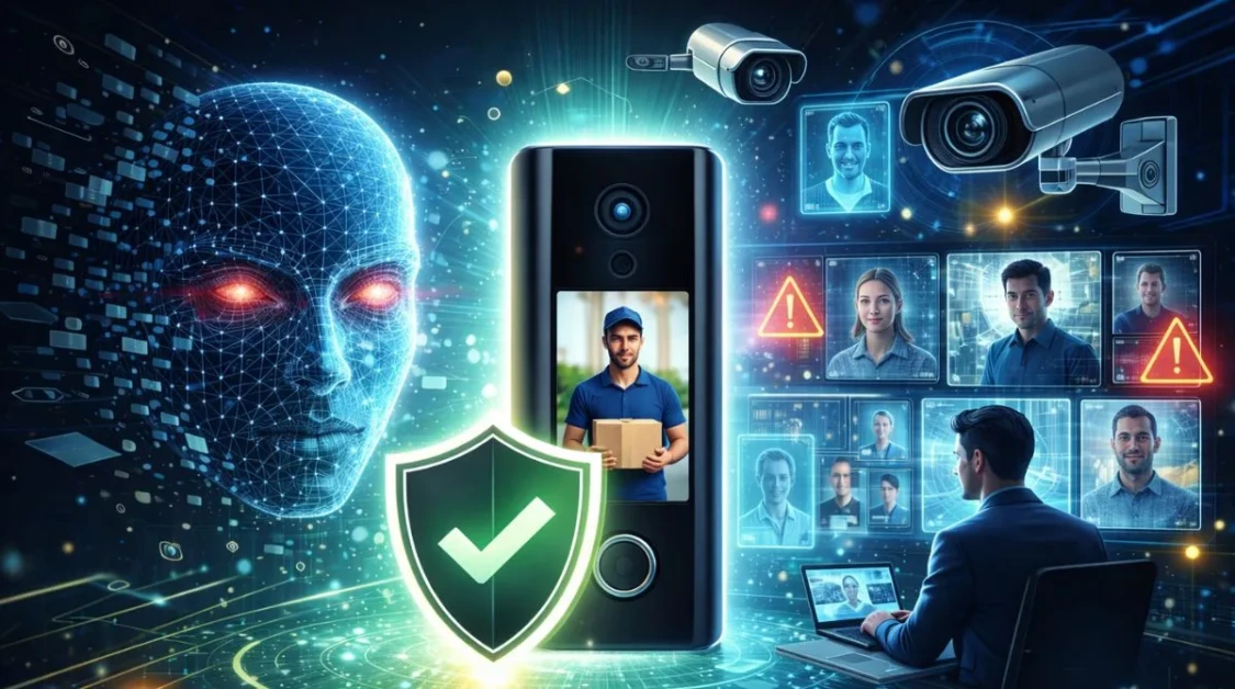 Futuristic video doorbell verifying a real person while blocking AI-generated deepfake faces using advanced video verification technology
