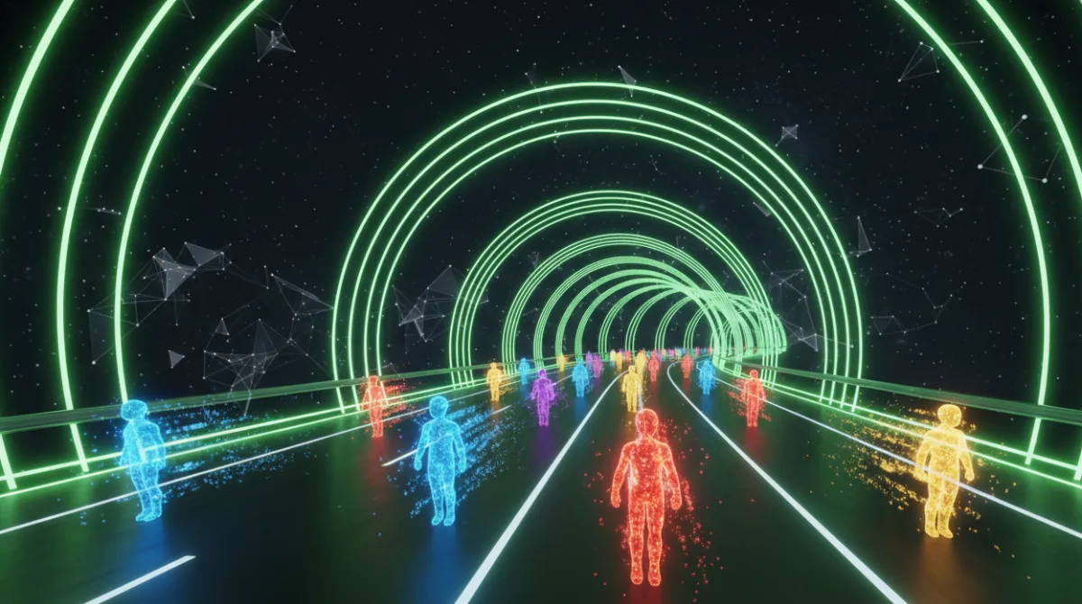 Futuristic digital tunnel with glowing AI chatbot figures representing rival AI assistants entering the WhatsApp messaging ecosystem