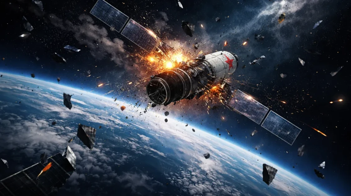 Russian military spy satellite breaking apart in Earth orbit with debris scattering through space