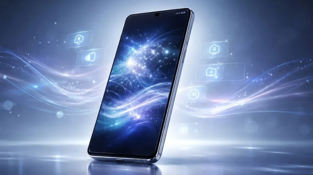 Futuristic Samsung Galaxy style smartphone with glowing AI visuals and holographic elements