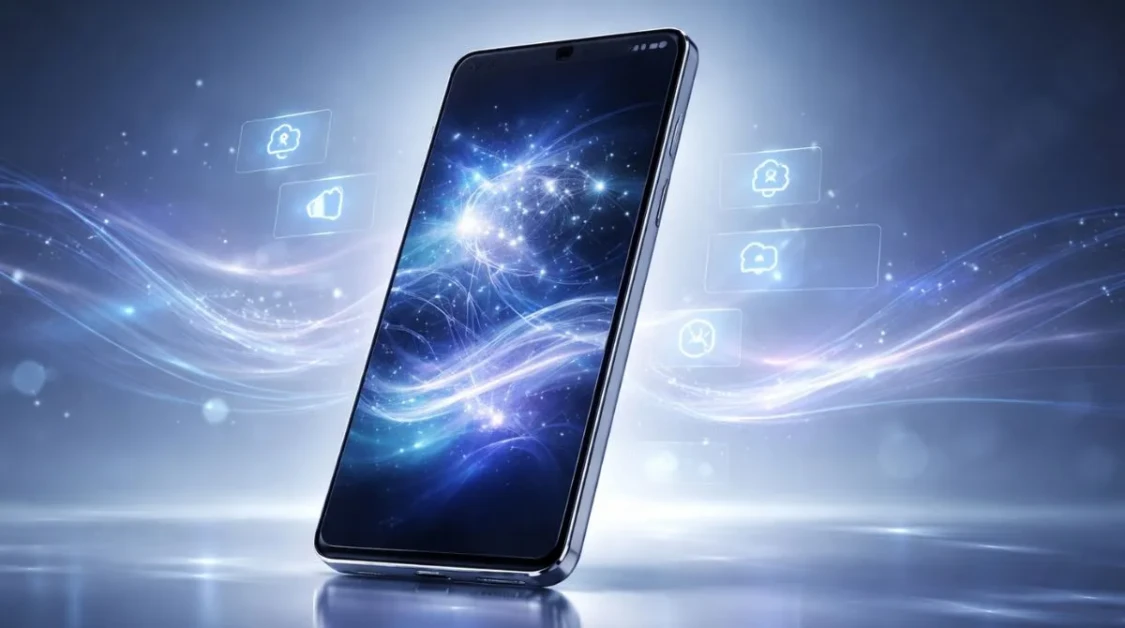 Futuristic Samsung Galaxy style smartphone with glowing AI visuals and holographic elements