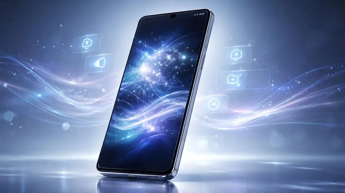 Futuristic Samsung Galaxy style smartphone with glowing AI visuals and holographic elements
