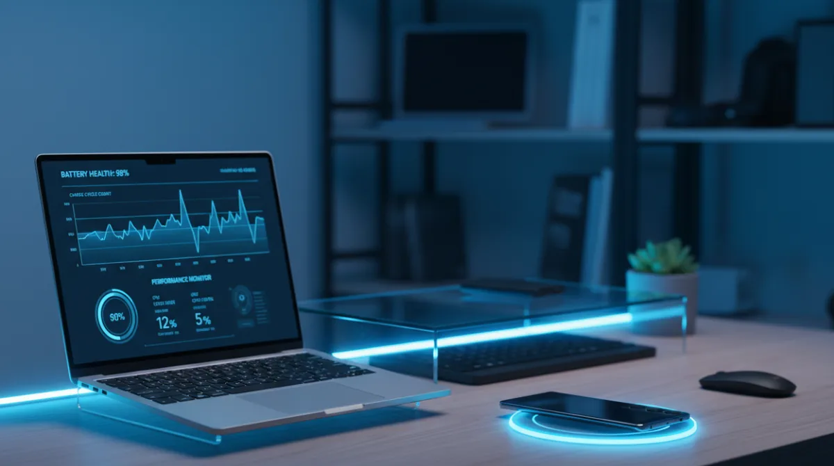 Samsung Galaxy S26 Ultra on a wireless charging pad showing battery stats and performance dashboard on screen