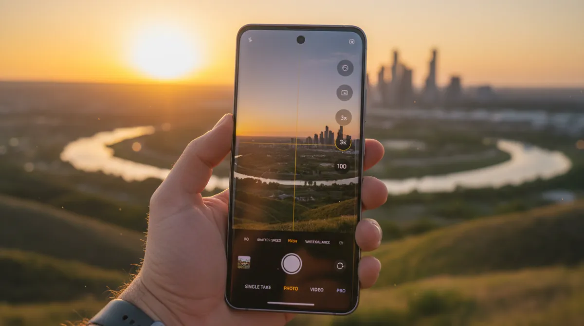 Hand holding Samsung Galaxy S26 Ultra using the camera app with pro mode and zoom controls visible outdoors