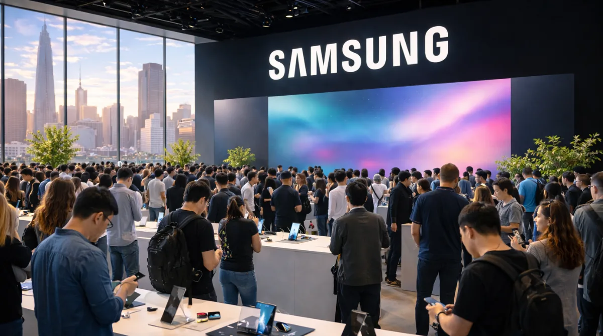 Samsung Galaxy S26 Ultra featured at Galaxy Community Connect event in San Francisco with attendees in a modern venue