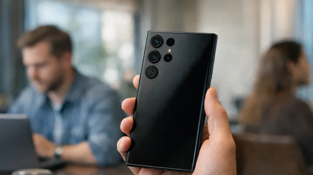 Samsung Galaxy S26 Ultra held in hand with blurred background highlighting privacy display in public setting