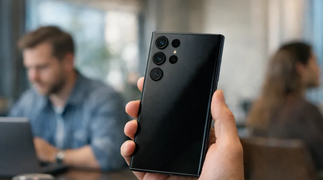 Samsung Galaxy S26 Ultra held in hand with blurred background highlighting privacy display in public setting