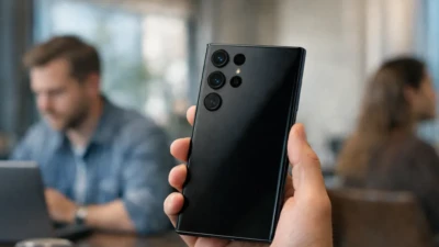 Samsung Galaxy S26 Ultra held in hand with blurred background highlighting privacy display in public setting