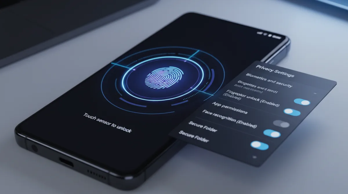 Samsung Galaxy S26 Ultra displaying fingerprint authentication and privacy settings menu with secure lock screen