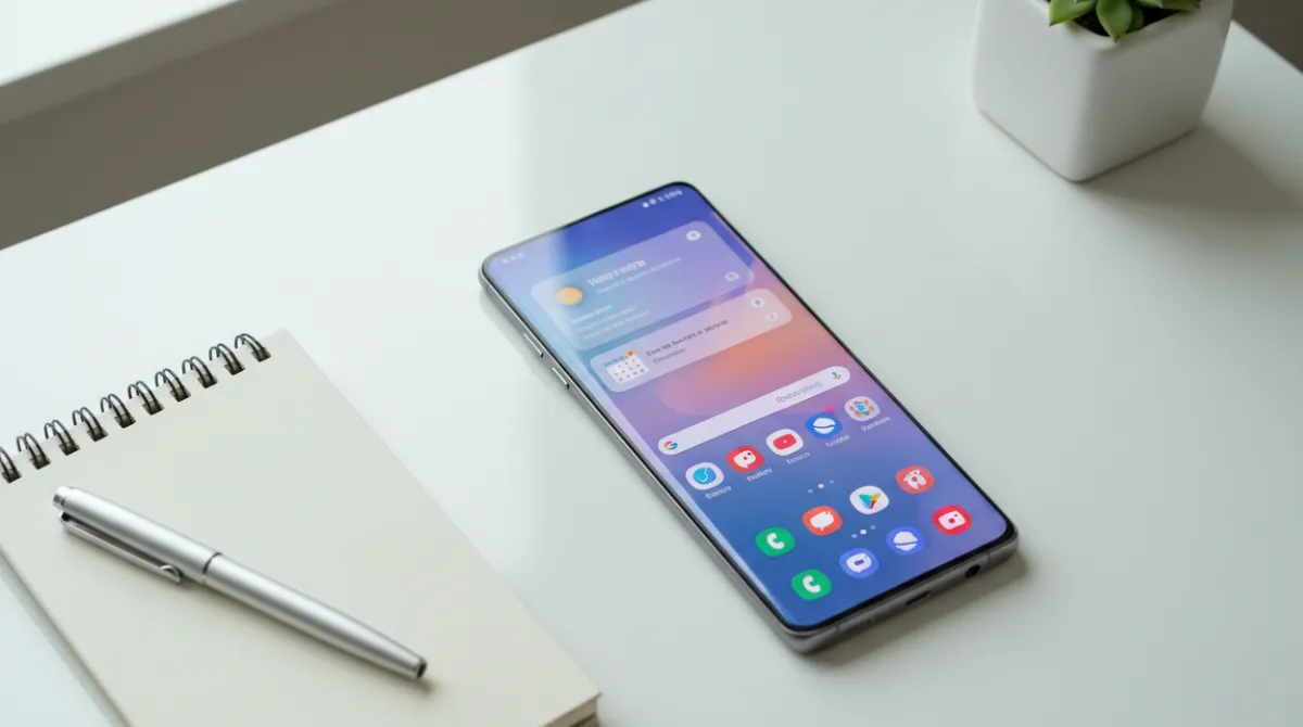 Samsung Galaxy S26 Ultra lying on a desk with home screen and quick settings panel open for first-day setup