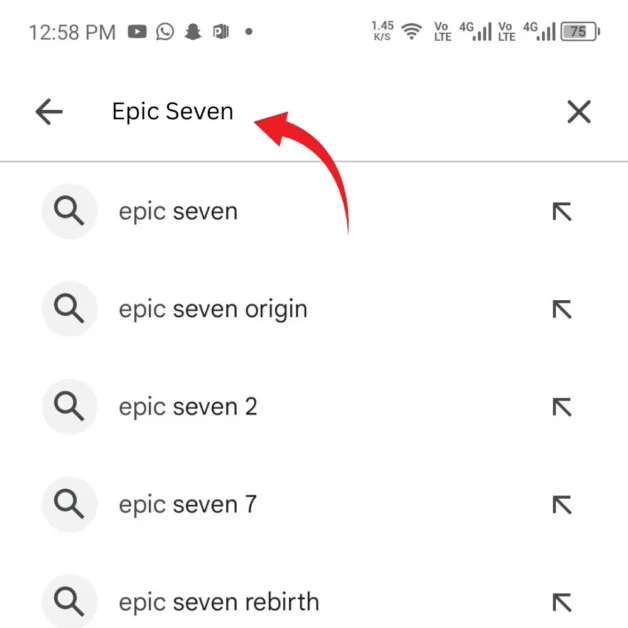 Epic Seven typed in Play Store search bar on Android