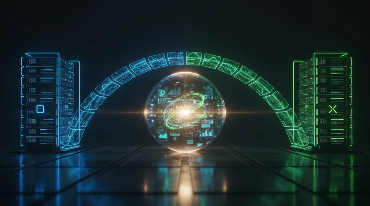 Two organizations collaborating securely on shared data analytics through a confidential computing enclave, with an encrypted bridge ensuring neither party can access the other's raw data