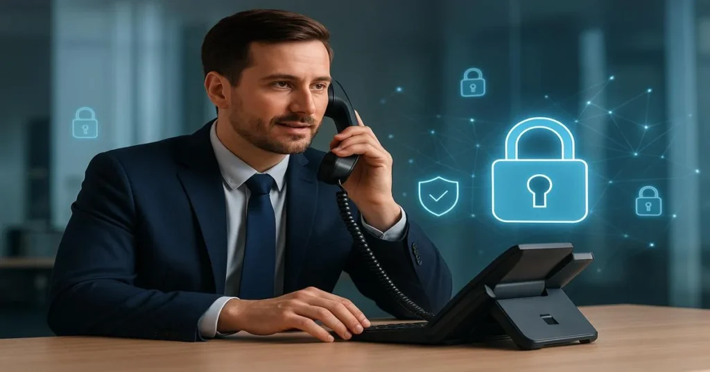 Businessman using secure business telephone systems in modern office