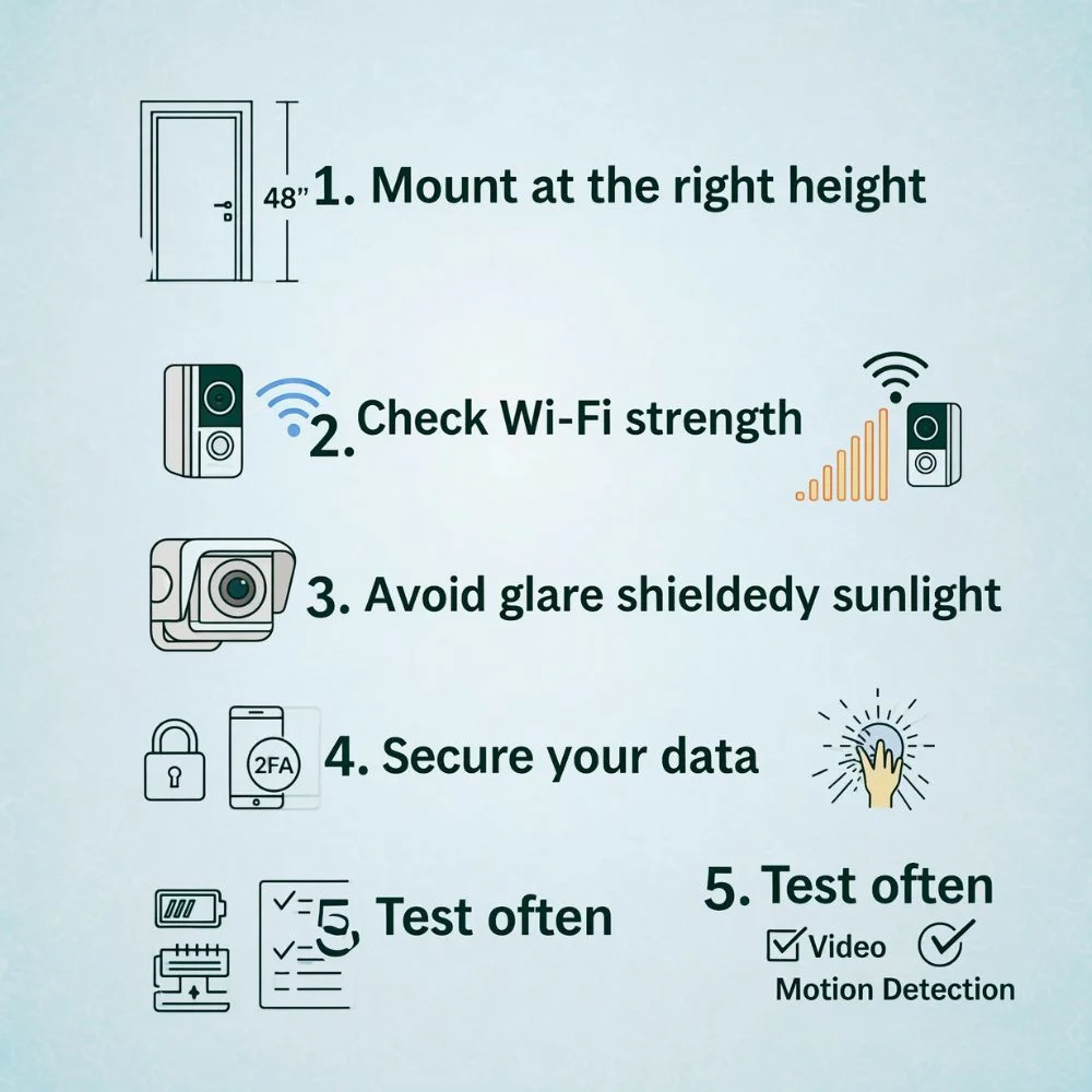 Security camera setup tips with icons and brief steps.