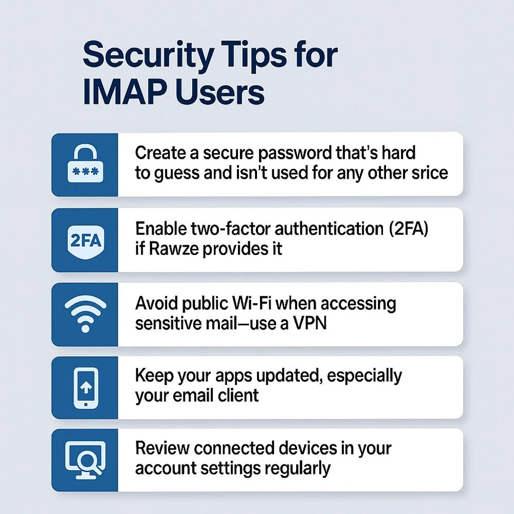 Infographic showing five security tips for IMAP users with icons and short points in a blue-gray theme."