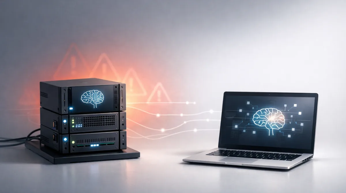 Editorial illustration of a self-hosted AI agent concept showing a small server rack connected to a laptop with subtle data lines and a faint warning glow, representing control, autonomy, and controversy in modern AI systems.