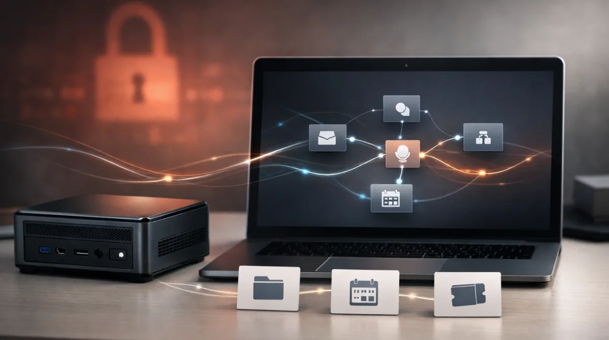 Modern self-hosted AI agent setup with a compact server and laptop showing connected workflow tools, subtle cybersecurity warning glow in the background