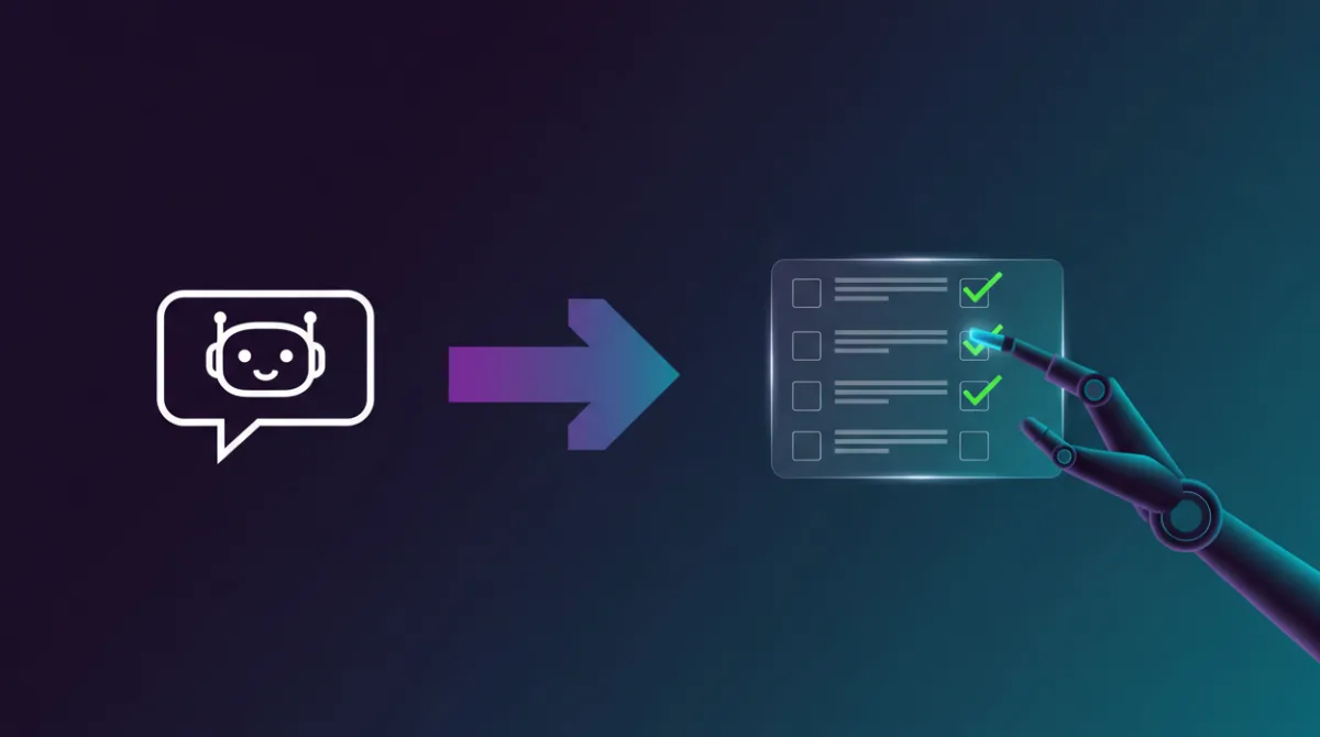Concept illustration showing the evolution from a conversational AI chatbot on the left to an action-completing AI system on the right, connected by a forward-moving arrow