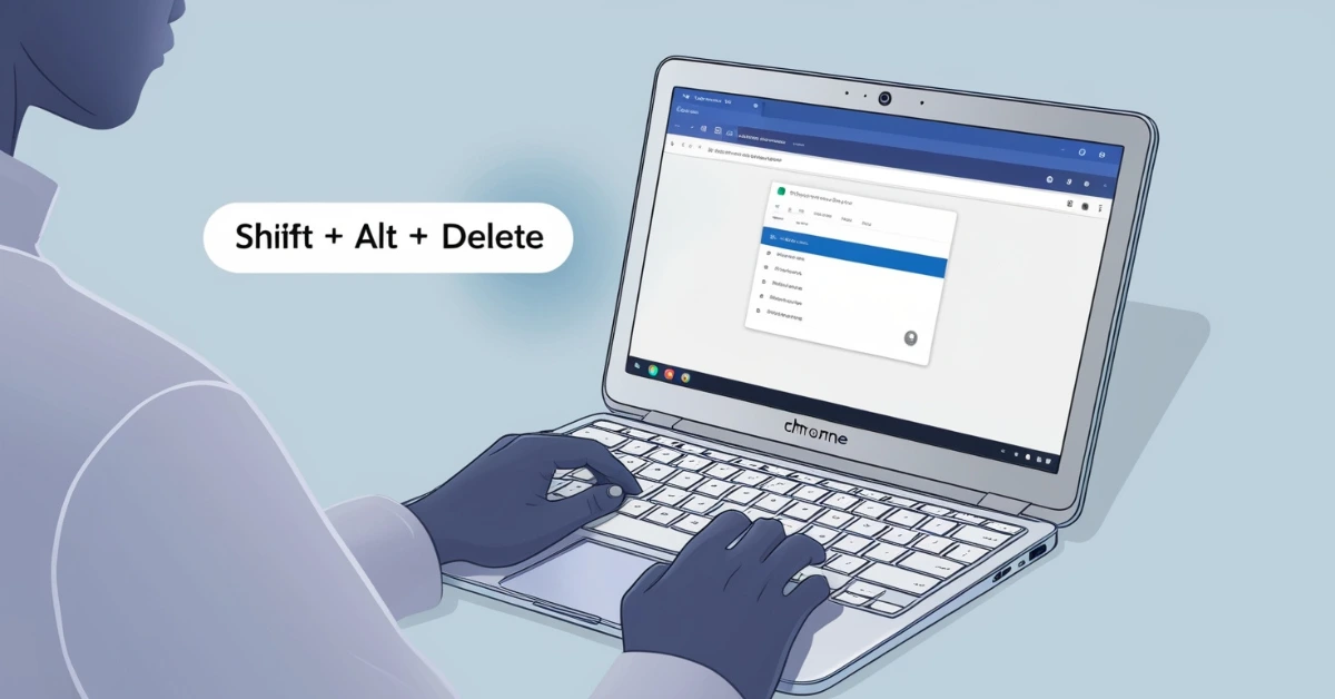 User pressing Shift + Alt + Delete on a Chromebook keyboard with the Chrome Omnibar open and a suggestion being removed from the dropdown list.